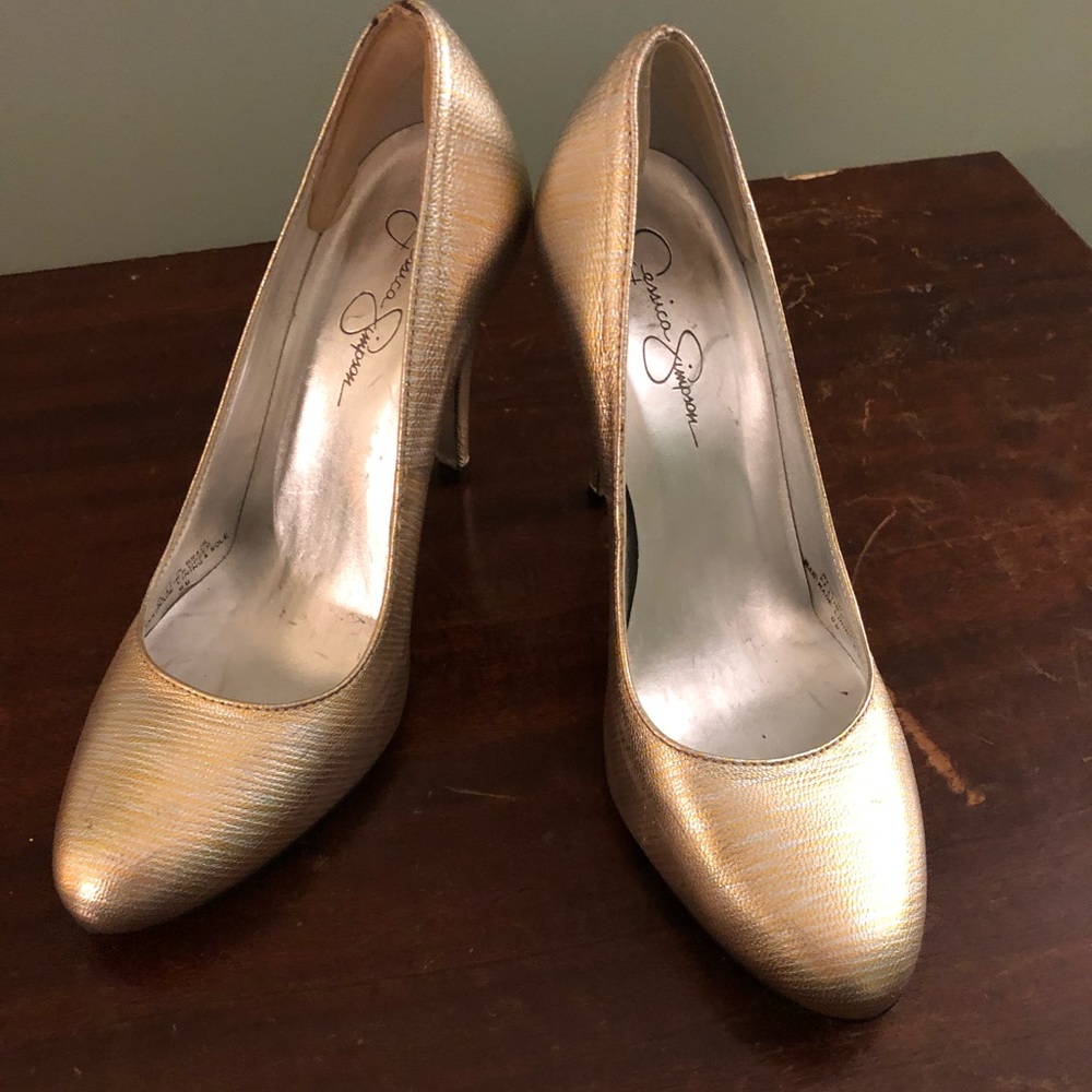 Jessica Simpson Gold Silver Metallic Shimmer Genuine Leather Round Heels Shoes - Picture 1 of 7